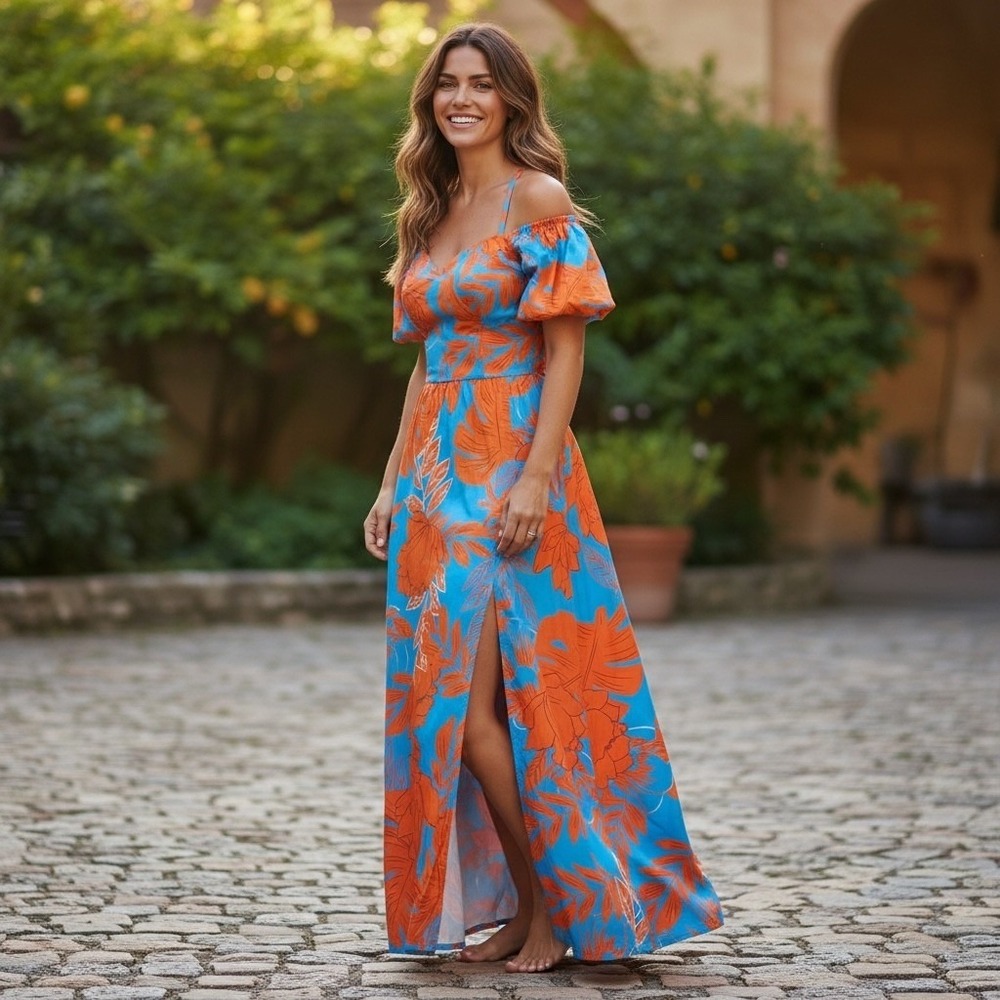 Floral Off Shoulder Maxi Dress Orange Blue Tropical Puff Sleeve Side Slit XL